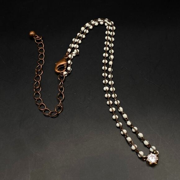 Dainty CZ Milk Glass Choker Pendant Necklace Antique Gold Tone Wire Wrapped - Picture 2 of 5